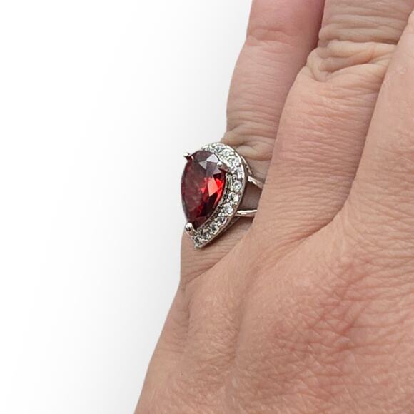 Red Pear-Cut Stone – Sterling Silver 925 – Halo Statement Ring – Size 7.5 - Picture 4 of 10